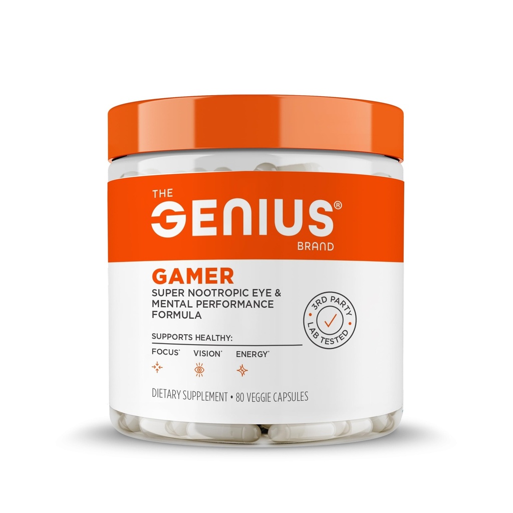 Geniusz Gamer, suplement do ostrości gry, 80 tabletek - Elite Nootropic Performance Booster - Boost Brain & Mental Clarity, Czas reakcji i koncentracja - Blue Light Support with Lutemax