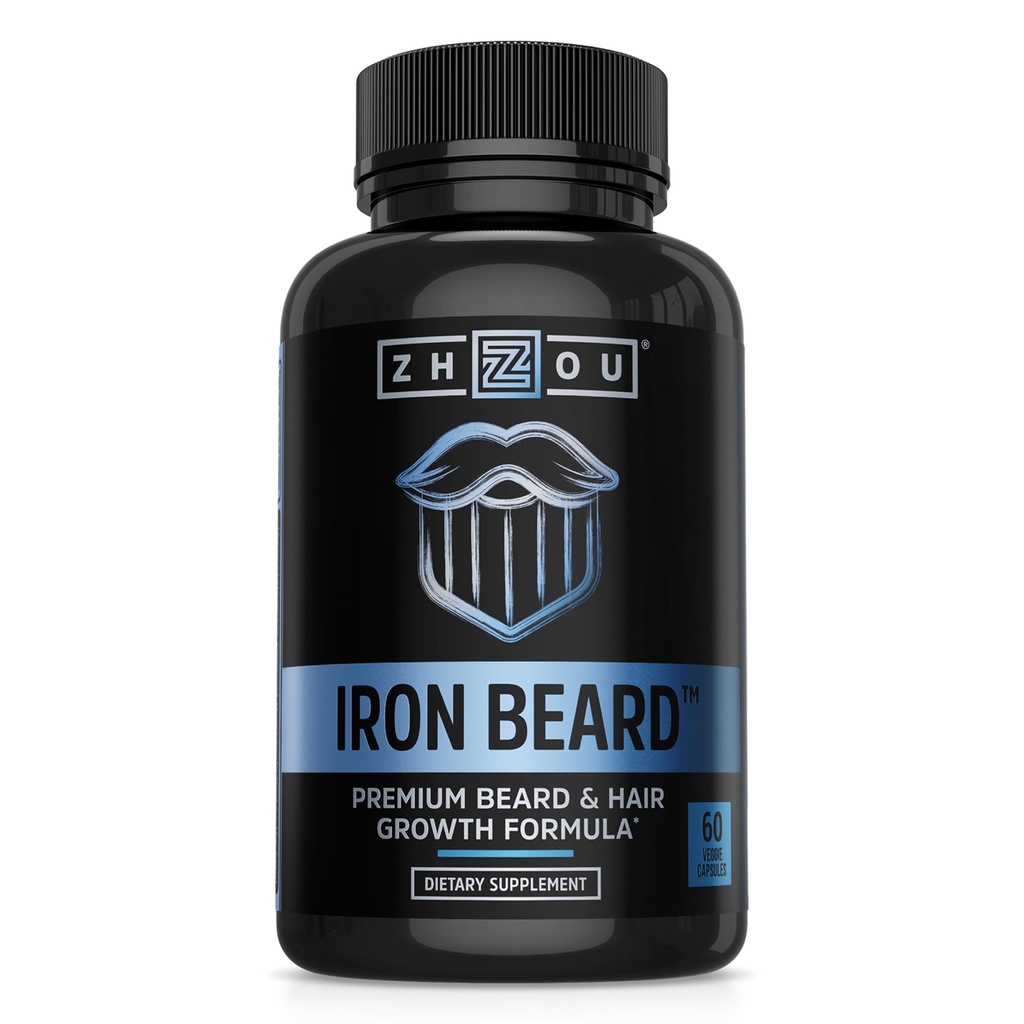 Zhou Żelazny Broda - Beard wzrost Witaminy Mężczyźni, Premium Biotin, Piła Palmetto & B Pigułki witaminy do wspierania włosów twarzy, Beard Care Supplement for Full Beard - 60 Kapsułki Veggie