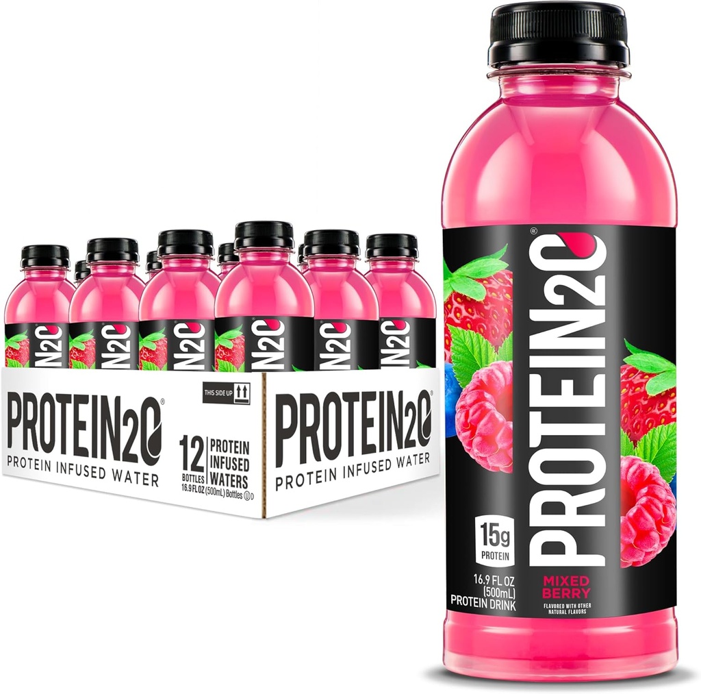 Protein2o 15 g Izolacja białka serwatki Infused Water Plus Electrolytes, Sugar Free Sports Drink, Gotowy do picia, Gluten Free, Laktoza Free, Mieszane Berry, 16.9 fl oz Butelka (12 Hr)