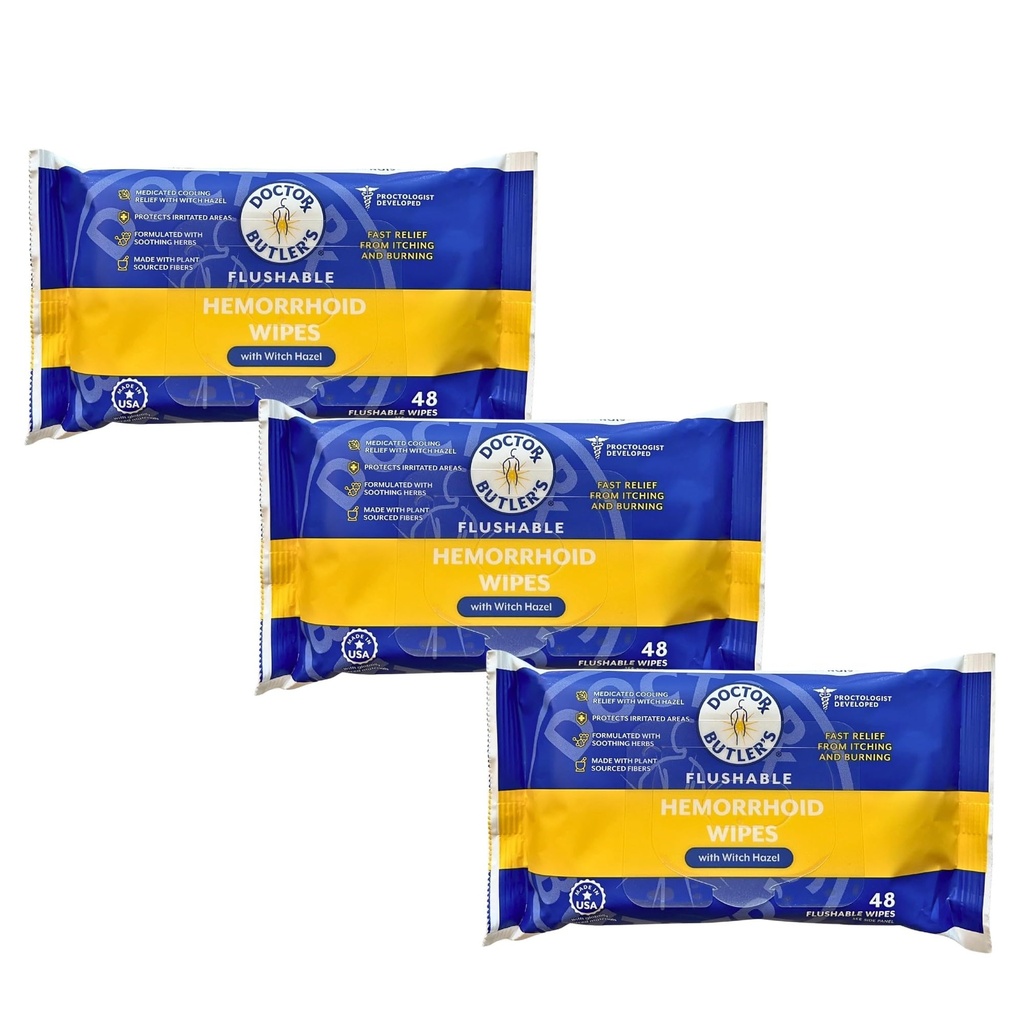 Doctor Butler 's Fluslable Hemorrhoid Wipes - Fluslable Wipes with Witch Hazel to Soothe and Bring Relief from Discomfort Associated with Hemorrhoids (3 Pack - 48 Count)