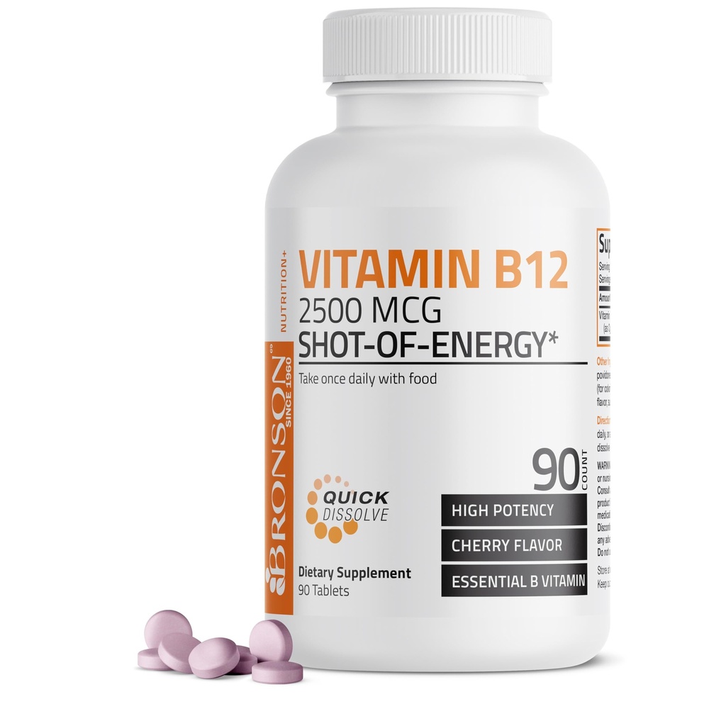 Witamina B12 2500mcg Shot Of Energy Szybko rozpuszczalne tabletki do żucia - Szybkie uwolnienie Cherry aromat podjęzykowy B12 Witamina - Wspiera system nerwowy, Zdrowy mózg Function Energy Production - 90 Liczba