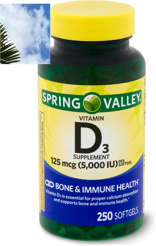 Witamina D3 z doliny wiosny, 125 μg na softgel, 5000 j.m., 250