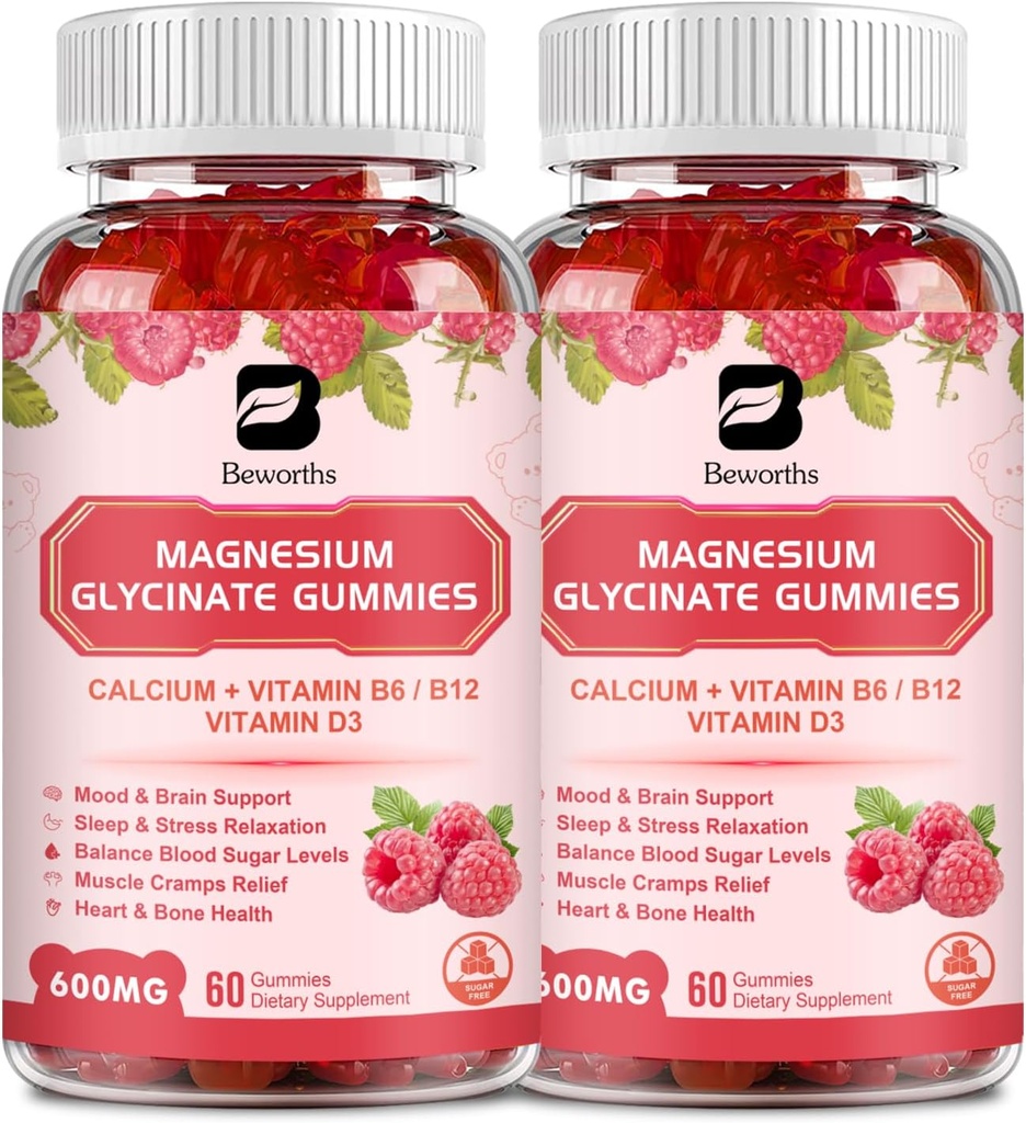 (2 opakowania) 600 Mg Magnezu Glicynian Gumiaki, Magnezu Suplement Kompleks Magnezu jabłczan, Magnezu Cytrate & Potas, Wspomaga Noc & Joint, Energy Boost, Wegan & 0- Cukier, Malina 120 Hrabia