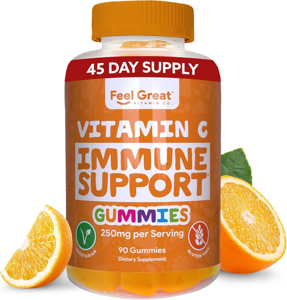Gumie witaminy C dla dorosłych i dzieci przez Feel Great witaminy Co. 124; 90 Gumie pomarańczowe aromat 124; Wsparcie odporności, Owoce oparte na plantacji Pektyna
