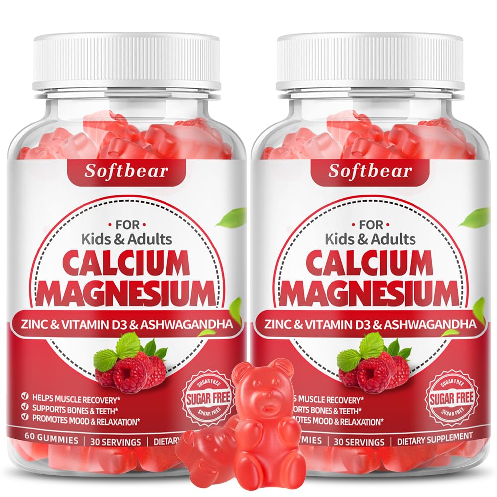 softbear Wapnia Magnezu Gummie cynku dla dorosłych i dzieci, Suagr- wolne Wapnia Magnezu Cynk Suplement D3 dla kości Siła & Zdrowie immunologiczne, Malina Flavor 120 Count