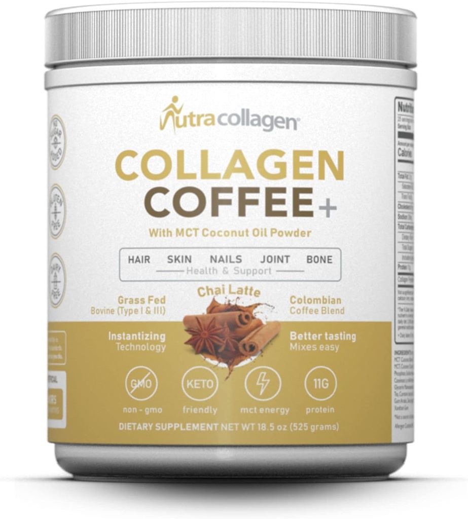 Proszek do protein NUTRACOLLAGEN w połączeniu z kawą kolumbijską premium; palona, niemodyfikowana genetycznie, peptydy 12g, proszek z kokosowego oleju MCT, Wolny od soi, Bez glutenu, Bez cukru, 40 mg Caff / Srving; Chai Latte 25 Srvg