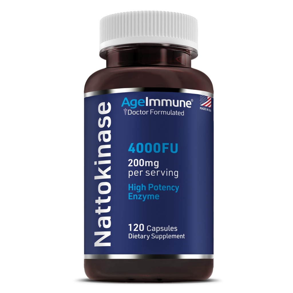 AgeImmune Nattokinase Supplement 4000 FU 200mg - Enzym - Wsparcie sercowo-naczyniowe 120 Kapsułki - Wyprodukowane w USA bez stearynianu magnezu.