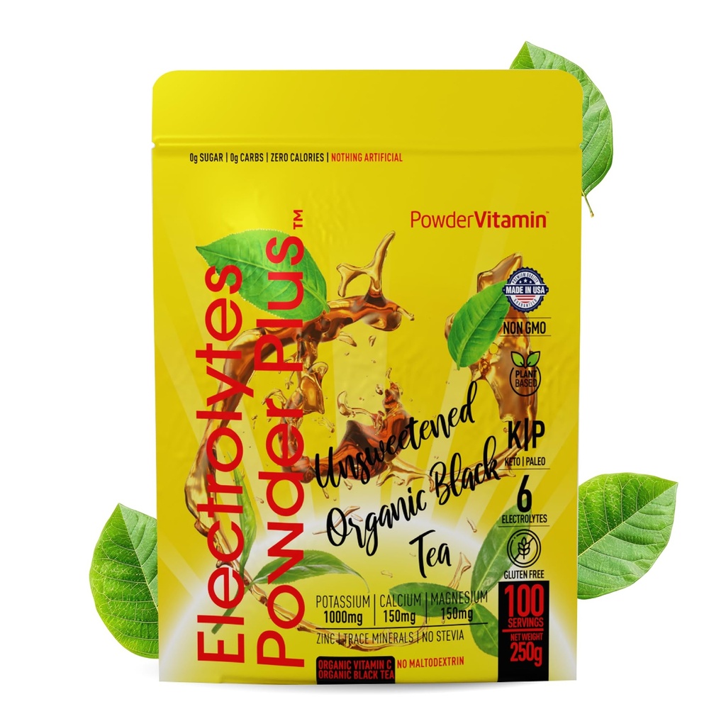 Proszek PowderWitamina Electrolytes Plus (100 Servings) Niesłodzony czarny Tea Electrolyte Proszek Keto, CugarFree, Pink Himalayan Salt, 1000mgPotasu, 150mgWapń, 150mgMagnez, Proszek nawadniający NO STEVIA