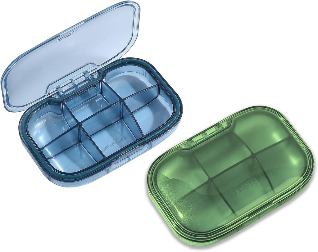 2 Pack 6 Compartment Pill Organizer, Moisture Proof Case for Travel, Daily Portable Medicine Vitamin Container, Fish Oil and Supplement Storage (Blue & Green)