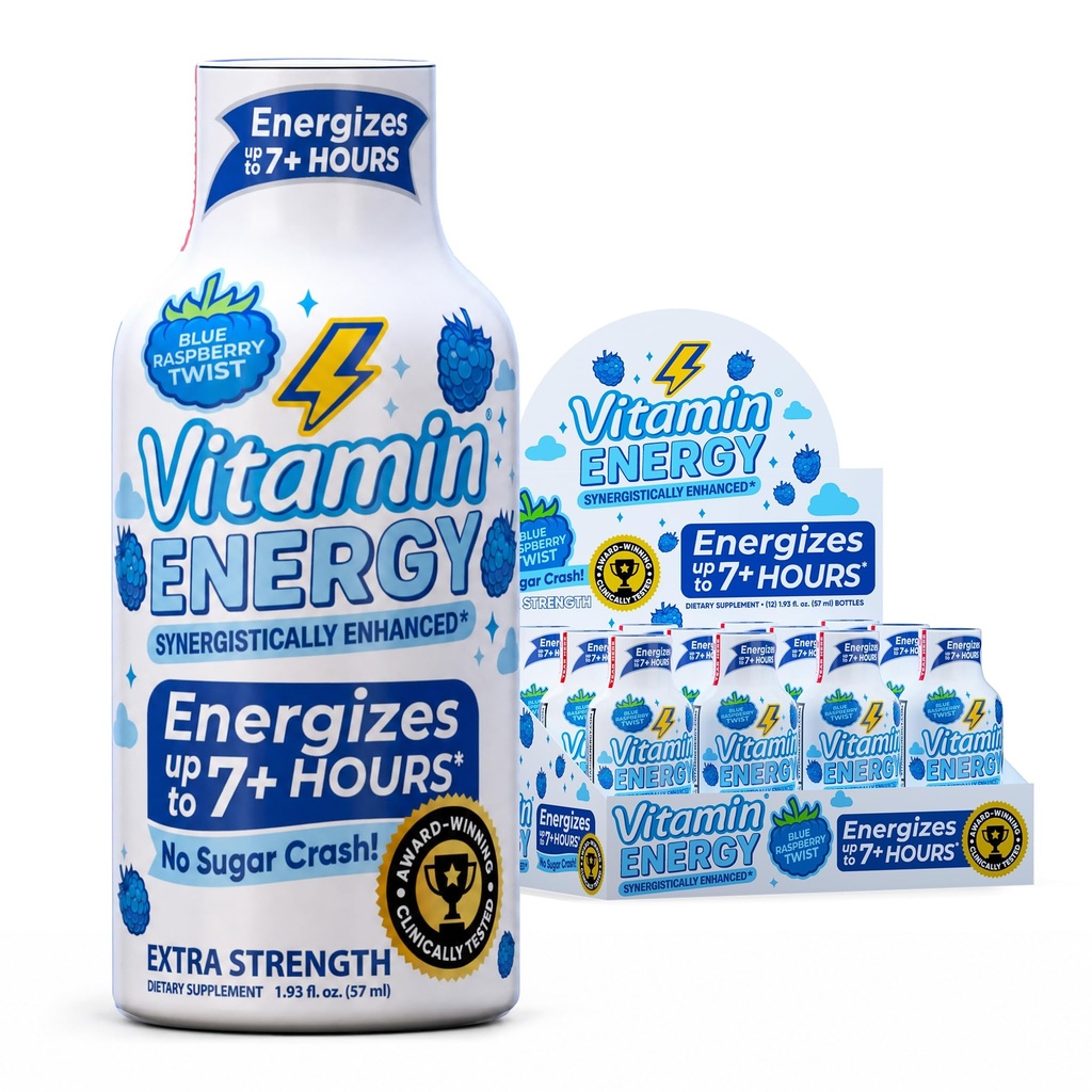 Witamina Energia Immune + Dodatkowa Siła Energia Shot Blue Malina 12 Pack, 260mg Naturalna kofeina, B- Witaminy, Citicoline, Zielona herbata, Immunitet & Focus Support, Zero cukru, Gluten- Free 1.93 fl oz