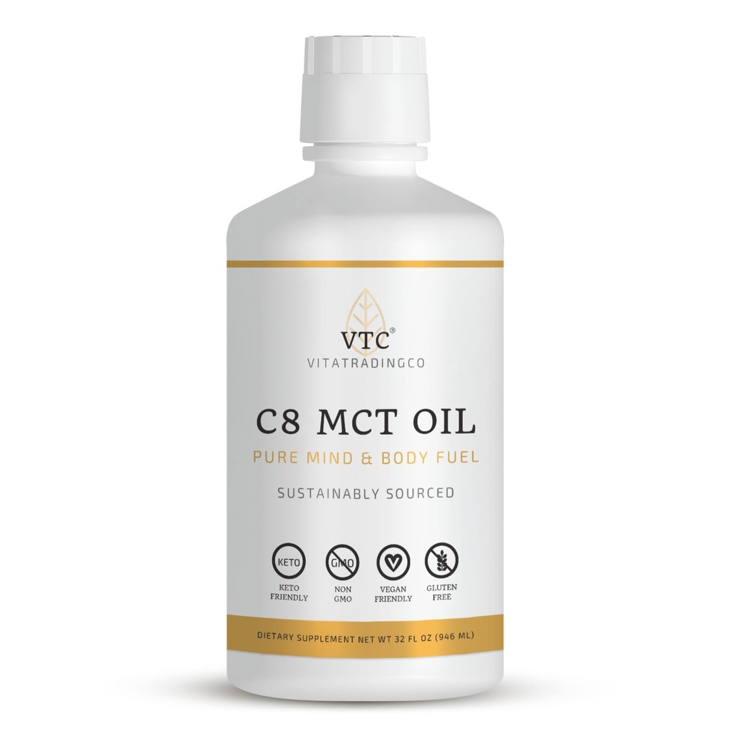 VTC VitaTradingCo. 100% Czysty olej C8 MCT 124; 3X Destylowany kwas kaprylowy 124; Zdrowy tłuszcz dla czystej energii 124; Zrównoważony smak 124; Non-GMO, Paleo, Keto 124; 32oz, 64 Sługi (Unflavored)