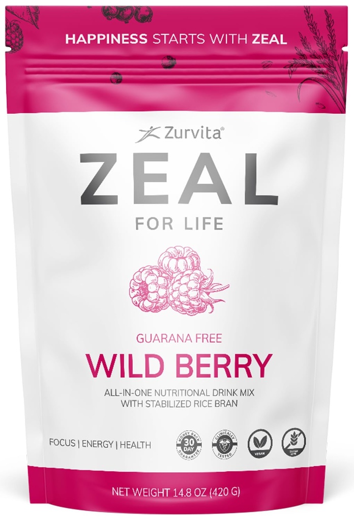 Zurvita - Zeal for Life 30- Day Wellness Bag - Wild Berry (Guarana Free) - Suplement odżywczy dla witalności, odporności i Wellness - 420 Grams