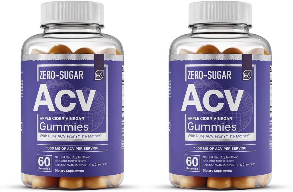 Elementy zasadnicze Zero- Cukier ACV Jabłko Cydr Gummies z "Matka" - Naturally-Sourced, Wegan Gummies ACV z Chrom 60 Count (2- Pack)