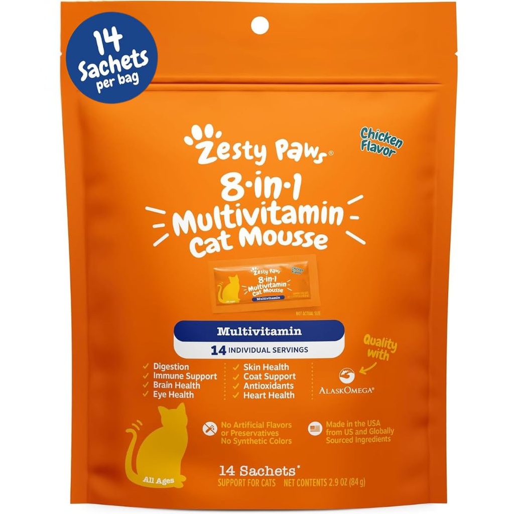 Zesty Łapy 8- in-1 Wieloskładnikowa Kot Witaminy i Suplementy Mousse - Kot Witaminy dla Koty wewnętrzne - Zdrowy Traktuj Ściśnij do Gut, Immune, Serce, Skóra i Coat Support - Kurczak 14ct