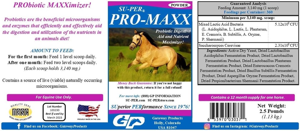 SU- PER Pro- Maxx Probiotyka dla koni - Equine Digestive Aid and Nutricent Maximazizer - Zachowanie dobrego stanu zdrowia i równowagi mikroorganizmów - 2,5 funta, (2 opakowania)