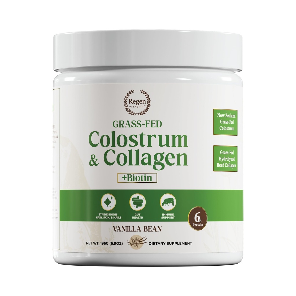 Grass- Fed Colostrum & Collagen Powder Building 124; Gut Health, Hair, Skin & Joint Support Daily 124; New Zealand Bovine Colostrum, Hydrolizated Collagen Peptydes, 300mcg Biotin Nex124; Vanilla Bean Next 124; 28 Servings