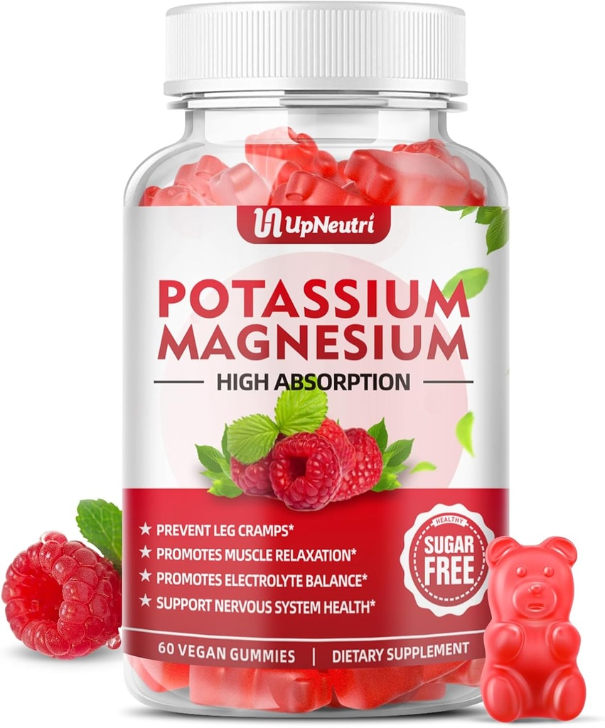 Potasu Magnezu Suplement Gummies dla dorosłych Dzieci, Bezcukrowy Potasu Cytrate Gummies Wspiera Nogi Krampy & Mięśnie i Serce Zdrowia, Wegan Magnezu Gummies Malina Flavor 60 Cts