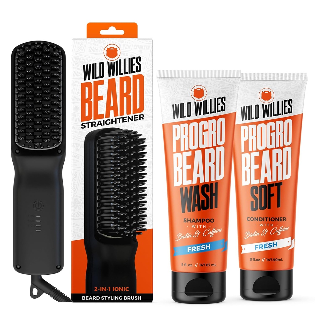 Dzikie Willies Beard Grooming Kit - Prostowiec dla mężczyzn, PROGRO - Ufortyfikowany biotyną i kofeiną na wzrost włosów, Mycie, Nawodnienie - Ionian 2- in-1 Podgrzewany Comb Brush, Made in USA