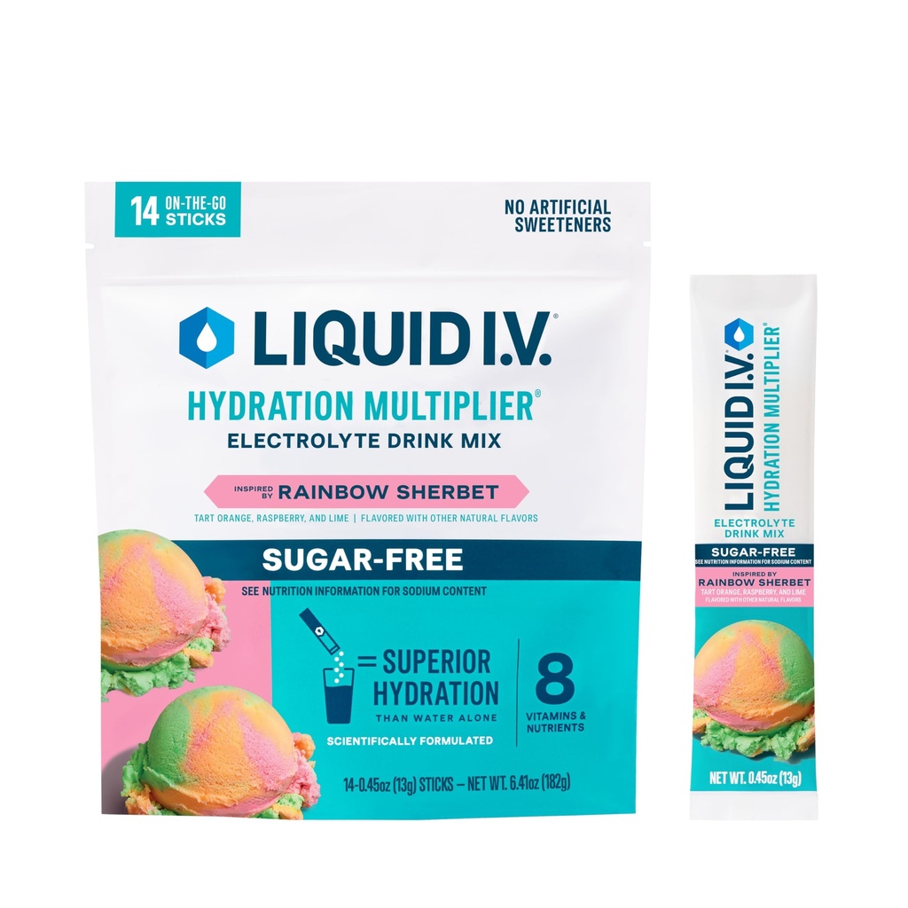 Płyn I.V. ® Nawodnienie Multiplikator Cukier - Rainbow Sherbet 124; Napoje proszkowe elektrolity Mieszanka 124; 1 Pakiet (14 Servings)