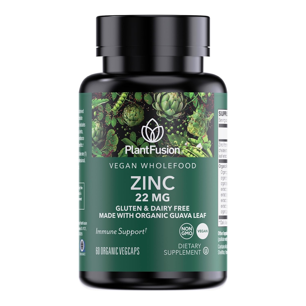 PlantFusion Wegan Cynk Suplementy 22 mg - Kompleks Wholefood, Chelated Cynk Cytrate z Organic Guava Leaf dla wsparcia immunologicznego, 60 Kapsułki