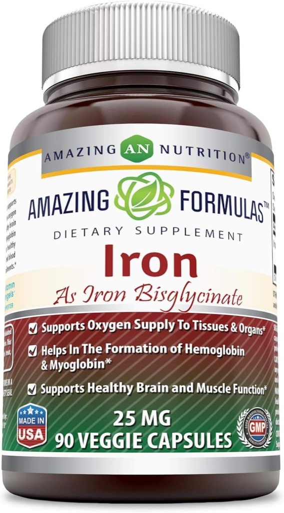 Iron Amazing Iron as Iron Bisglicinate 25 Mg Kapsułki wegetariańskie (Non-GMO, Gluten Free) - Wspiera dostarczanie tlenu do tkanek & Organizmy- Pomaga w tworzeniu hemoglobiny i mioglobiny. (90 Kapsułki wegetariańskie)