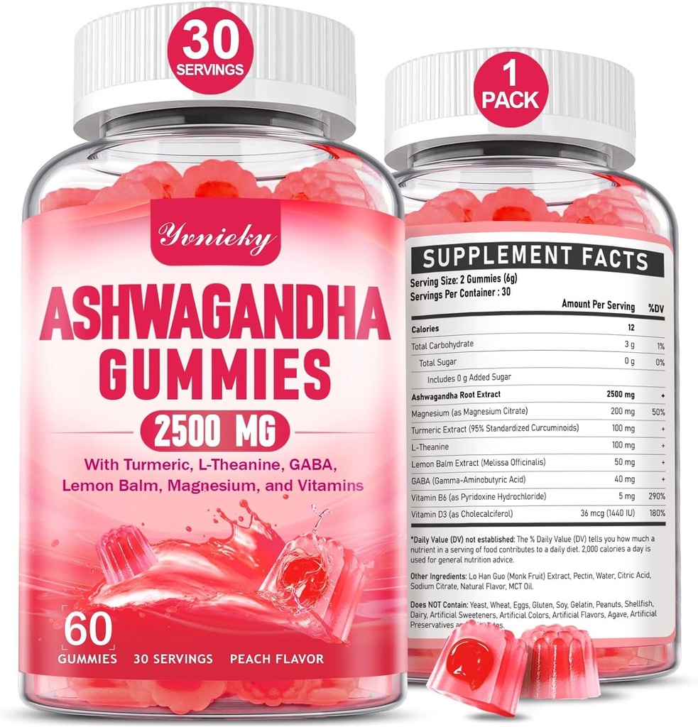 Ashwagandha Gummies 2500mg dla kobiet i mężczyzn: Ashwagandha Supplement Gummy Extra Siła z Turmeric, Witamina D3, L- Theanina, Magnez - Napełnione Gummies, Truskawka Flavor, Wegan, Non-GMO