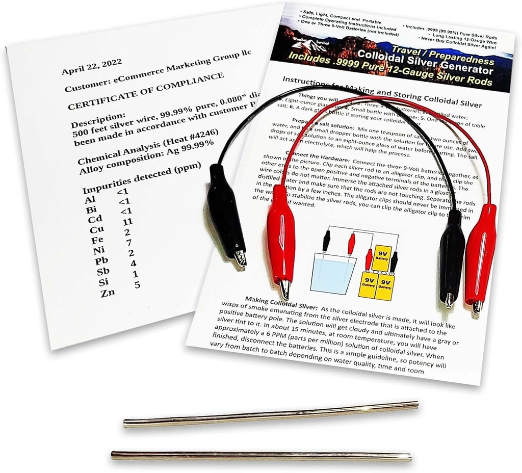 Colloidal Silver Generator Wire 99.99% Czysty 12- Gauge (0.08 w. / 2.06 mm) Zestaw (2) 4- Inch Rods + Mini / Travel Generator - Zawiera przewody + kompletne instrukcje
