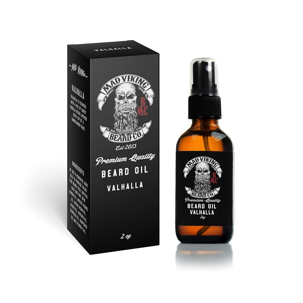 Mad Viking Valhalla Beard Oil - Hydrate, Soften and Grow Your Beard Naturally. Walcz z Itch i łupież z gładkim Sandalwood & Vanilla Scent, Made In USA - 2oz