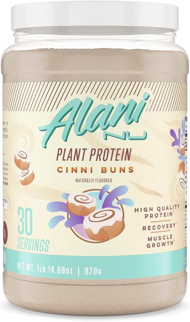 Alani Nu Plant- Based Protein Powder CINNIBUNS 124; 18g Białko wegańskie 124; Proszek zastępujący posiłek 124; Nie dodano cukru 124; Niski tłuszcz, Niskie węglowodany, Wolny nabiał, Mieszanka izolatu białka grochu 124; 30 Służenie