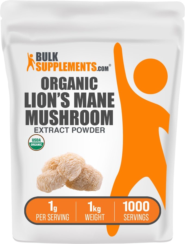 BulkSupplements.com Organic Lion 's Mane Mushroom Extract Powder - Lions Mane Supplement Powder, Superfood for Well- Being - Wegan, 1 g na Serving, 1 kg (2,2 kg) (Opakowanie 1)