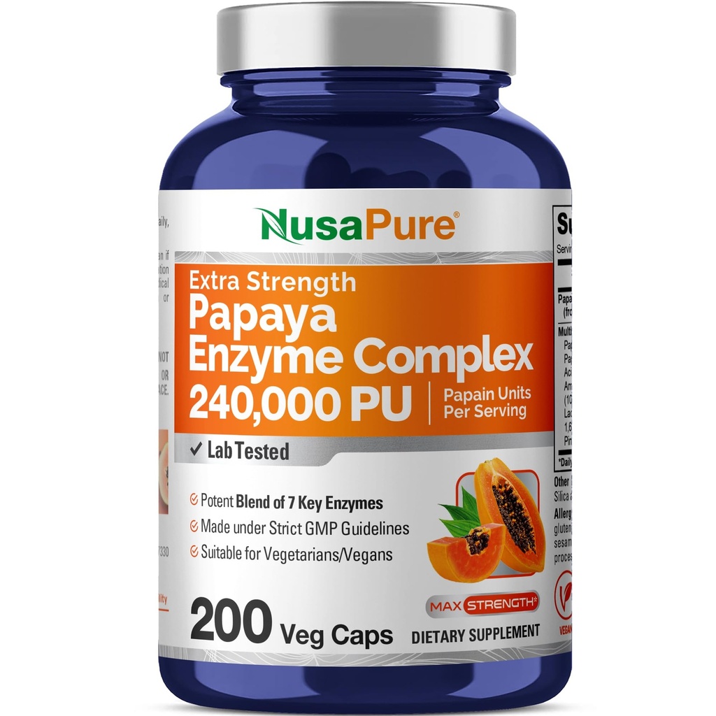 NusaPure Papaya Papain Enzym Complex 240.000 PU - 200 Kapelusze wegetariańskie - 100% Wegetarianin, Non-GMO