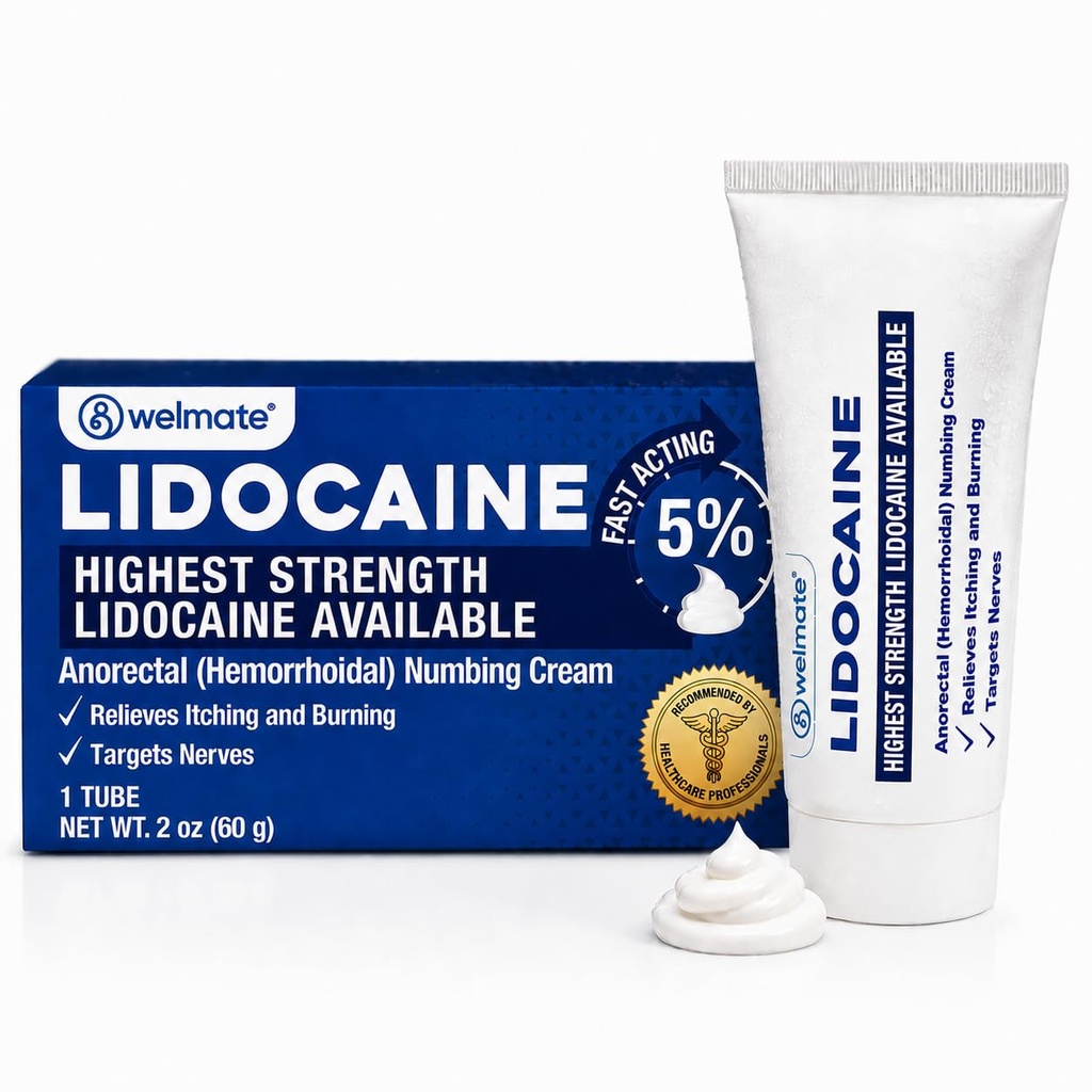 WELMATE - 5% krem lidokainowy do polimeryzacji, 2oz (60g) - Największa moc krem lidokainowy - Hemororhoid Relief - Zewnętrzne zastosowanie Anestetyczne, Witamina E - Odporny dla dzieci - Topical Skin Care