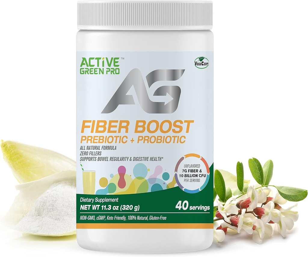 Fibre Boost Prebiotic + Probiotic - Organic - Enzym & Produkcja witaminy - Wspiera Regularność jelit - Zdrowie pokarmowe - Niearomatyzowane - Bez glutenu - Bez cukru - 320g / 40 Służenie