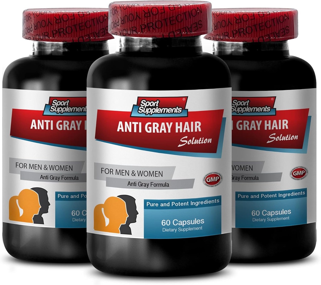Folic Acid Pills - Anti- Gray Hair Solution - Chlorophyll Pills, Gray Hair Vitamin, Kwas pantotenowy, Nettle, Kolor włosów Witaminy, Wsparcie naturalnego koloru włosów, Piła Palmetto, (3 Butelki - 180 Kapsułki)