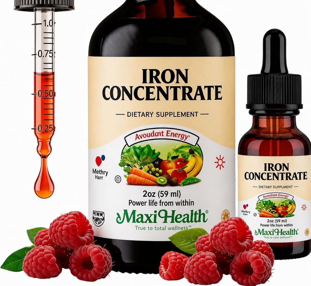 Maxi Health Women, Men and Kids Liquid Iron Supplement - 15 mg Per ML Berry Flavored - High Potency - Łatwy do wymieszania do natychmiastowej absorpcji - Zwiększenie energii bez nudności - 2 fl Ounces