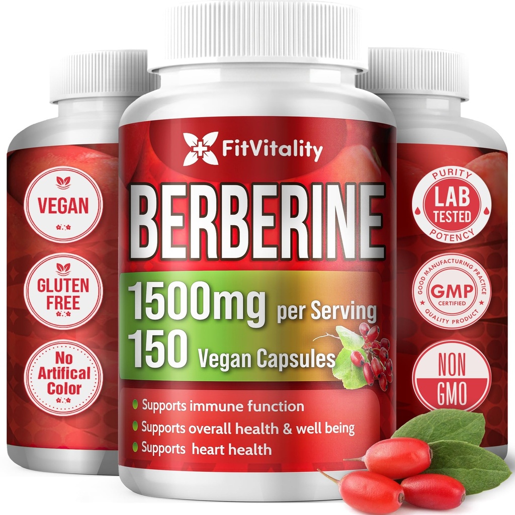 Premium Berberine Supplement, 150 Capsules – 50 Days Supply, 1500mg Berberine Per Serving, Berberine HCI, Made from 100% Pure & Natural Ingredients, Non-GMO, Gluten-Free.