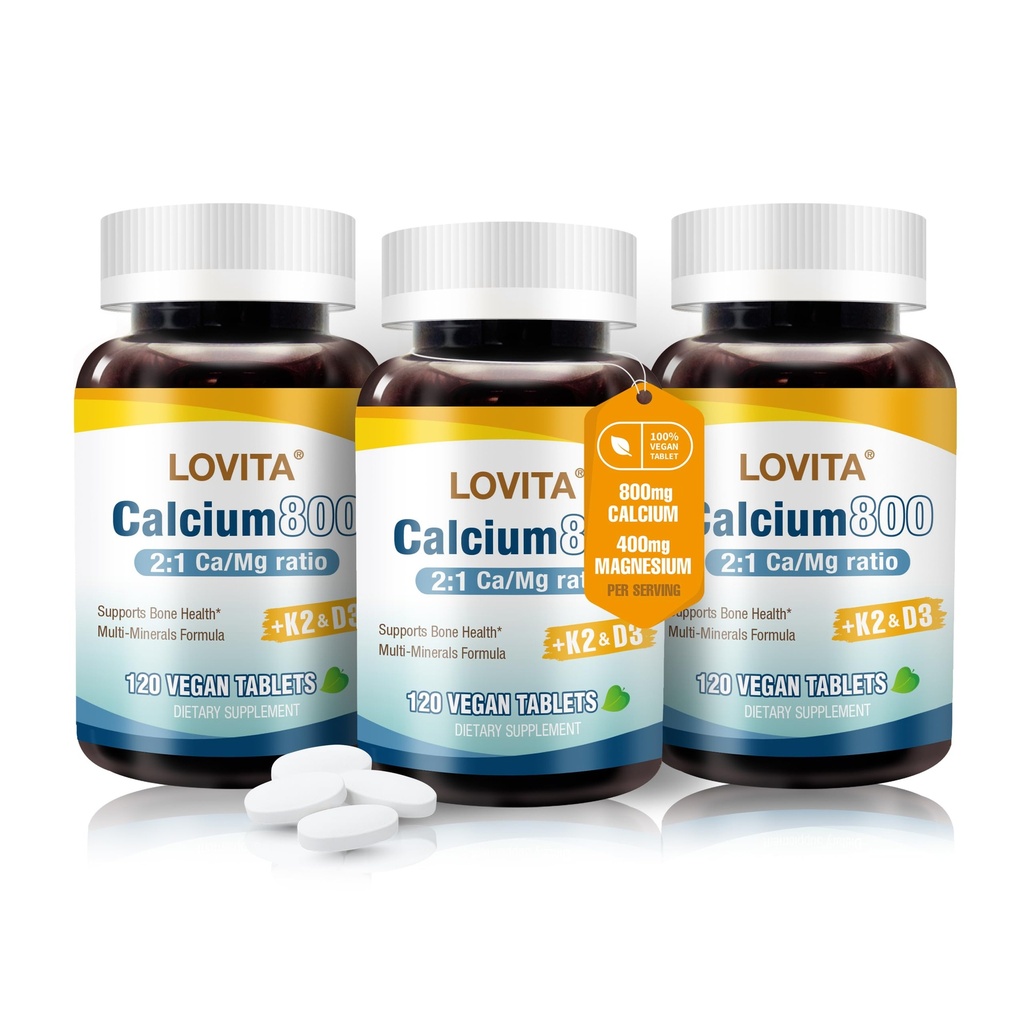 Lovita Wapnia Citrate 800 mg z magnezem, Witamina D3 & K2, Siła kości i suplement gęstości dla kobiet i mężczyzn, Wspiera zęby, zdrowie immunologiczne, Gluten Free, Non-GMO, 360 Wegańskie tabletki