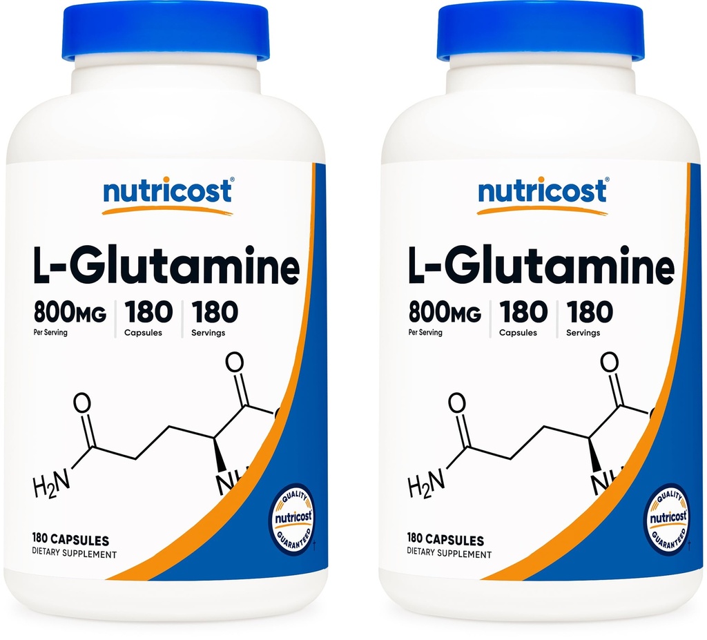 Nutricost L- glutamina 800mg, 180 kapsułek (2 butelki)