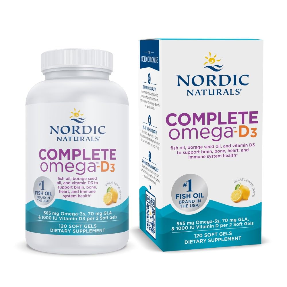 Nordic Naturals Complete Omega- D3, Lemon Flavor - 120 Soft Gels - 565 mg Omega- 3 + 70 mg GLA + 1000 IU Witamina D3 - EPA & DHA - Zdrowa Skóra, Krążenie, Pozytywny nastrój - Nie-GMO - 60 Służenie