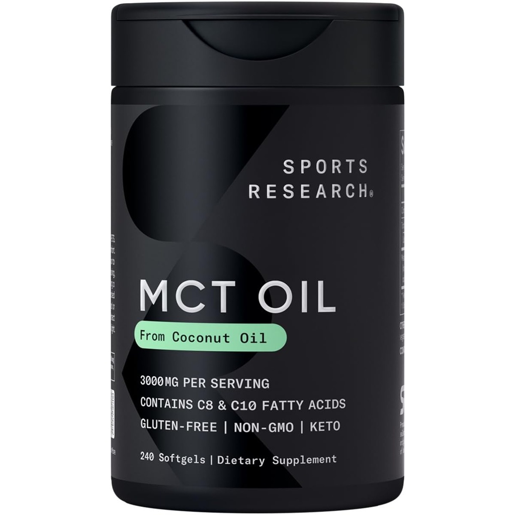 Sport Badania Keto MCT Oil Pills z oleju kokosowego 124; Keto Paliwo dla mózgu i ciała - NieGMO Zweryfikowane, Soy & Gluten Free Liquid Softgels (240 Count)