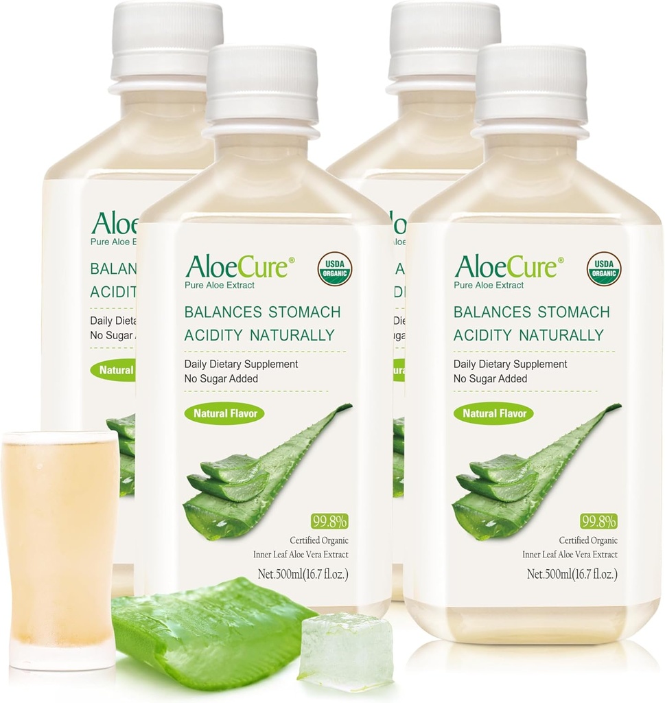 AloeCure USDA Organic Aloe Vera Juice Made Within 12 Hrs of Harvest - Pure Aloe Juice Natural Digestive Supplement to Support Digestion, Immune System and Balanced Stomach Acidity, 4 x 500ml Bottles