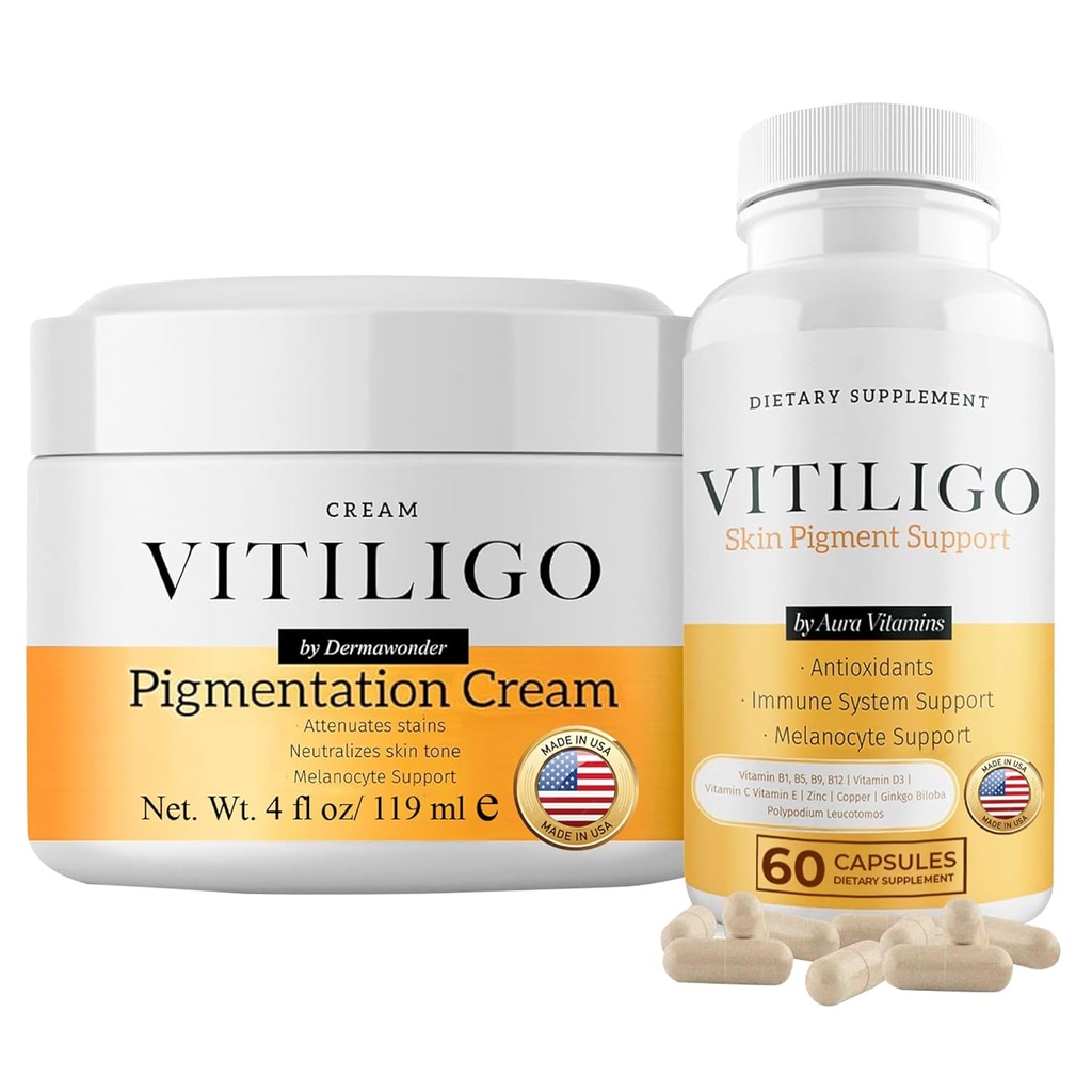 Dermawonder Vitiligo Supplement & Pigmentation Cream Set 124; 60 Vitiligo kapsułki i 4fl Oz Cream 124; Zmniejszyć białe plamki, poprawić pigmentację skóry i neutralizacji skóry Tone 124; Naturalne rozwiązanie (1)