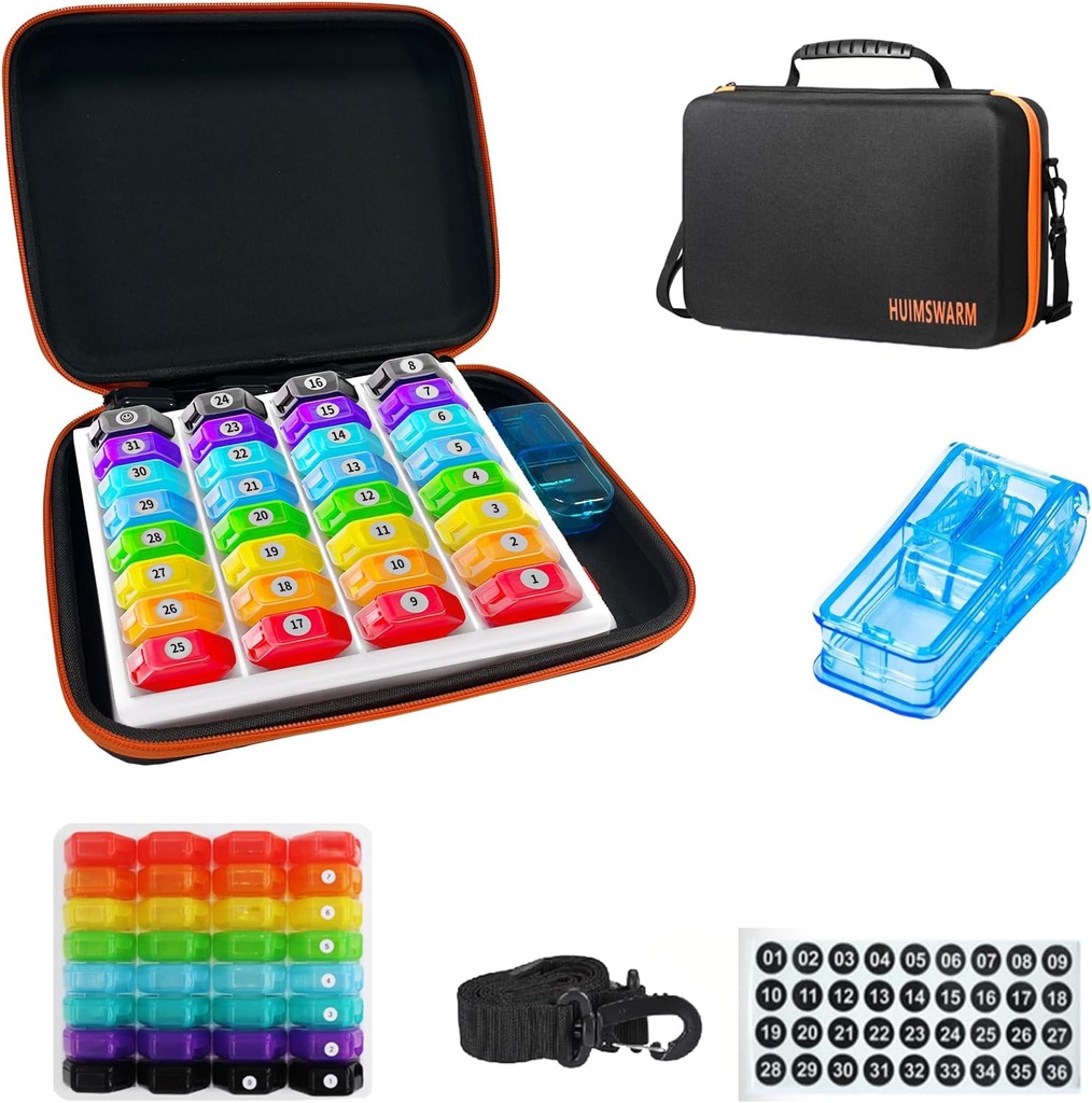 Monthly Pill Organizer 1Time A Day, Pill Organizer Monthly 1Time A Day with 32 Daily Comparts & 1Pill Cutter & 1Travel Case & 1Shoulder Straps & 2PCS 31 Days Sticker. Komfortowy uchwyt, BPA- Free.