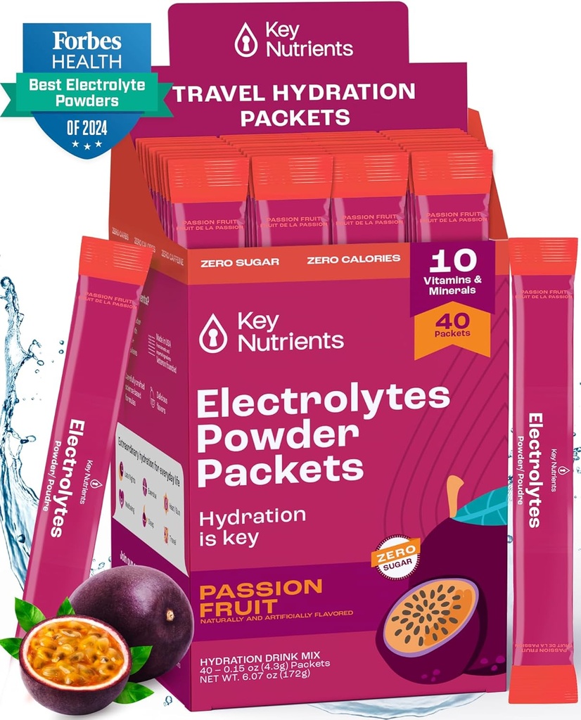 KLUCZOWE NUTRIENTY Multiwitaminowe opakowania proszkowe elektrolity - Pyszne Passion Fruit 40 Pakiety nawadniające - Podróże Hydration Powder - No Sugar, No Calories, Gluten Free - Made in USA