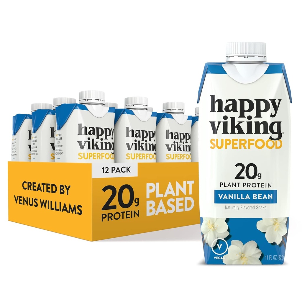 Vanilla Bean Vegan Protein Plant Shakes by Happy Viking, Stworzony przez Venus Williams, 20g białka, Omega-3, 9 Amino Kwasy i BCAA, Gluten- Free, Non-GMO, Gotowy do picia, Opakowanie 12 (11oz)