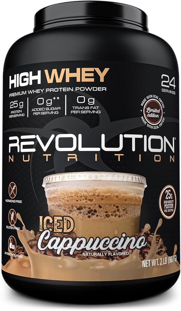 Revolution Nutrition, High Whey, Protein Powder 2LB, Whey Isolate, Gluten Free, Lean Muscle Mass for Men & Women, 25g Protein Per Scoop, 908 g, 24 Servings (Iced Cappuccino, 2 Funt)