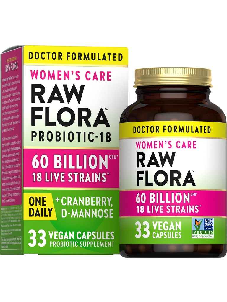 Raw Flora Kobiety Probiotyki 124; Dr. Spreparowane 60 Milion CFU + Prebiotyki Bilans 124; Pomocnictwo pokarmowe, Waginalne i moczowe 124; 33 Kapsułki wegan z żurawiny & D- Mannoza 124; Półka Stabilny