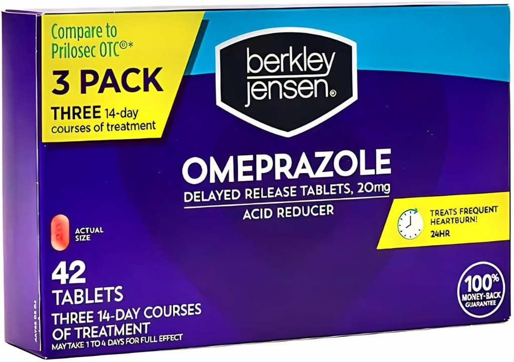 berkley jensen Omeprazol 20 mg Opóźnione tabletki uwalniające - Heartburn Medicine- Acid Reducer Pills - Leczenie często Heartburn - 3 x 14- dniowe kursy, 42 Liczenie ogółem (Opakowanie 1)