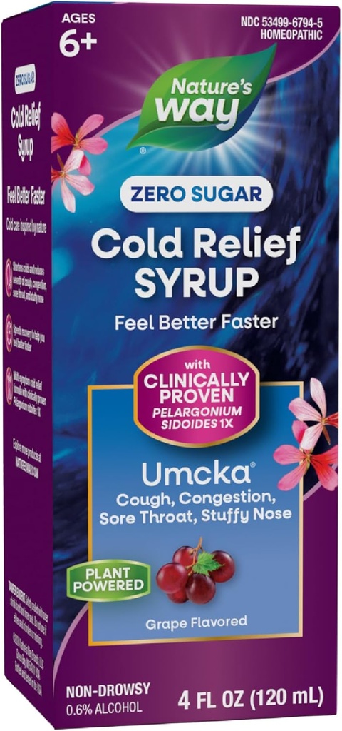 Nature 's Way Cold Relief Zero Sugar Syrop, Umcka, Homeopatic, Shortens Colds, Sore Throat, Cough, Congestion, i Stuffy Nose, Fenylephrine Free, Grape Flavored, 4 Fl Oz (Packaging May Vary)