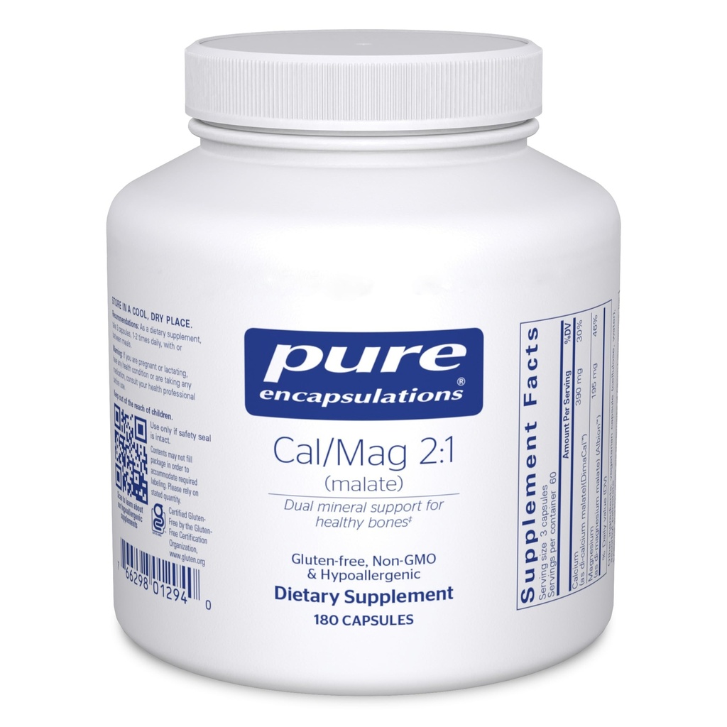 Pure Encapsulations Cal / Mag (Malate) 2: 1 - Wapń i magnez (Malate) - Bone Health Supplement * - Optymalne wchłanianie - Vegan & Gluten Free - 180 kapsułki